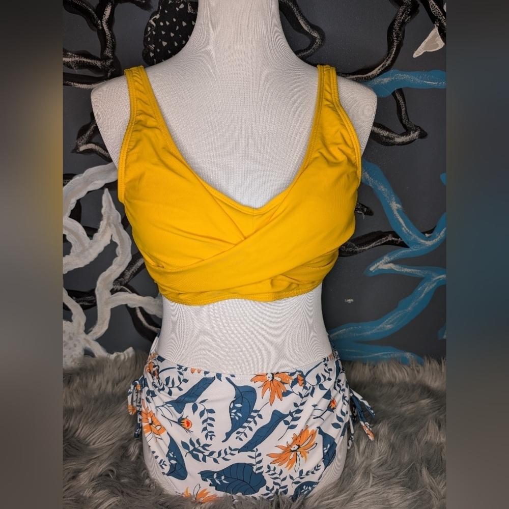 Yellow Bikini Top with Floral Bottoms Large